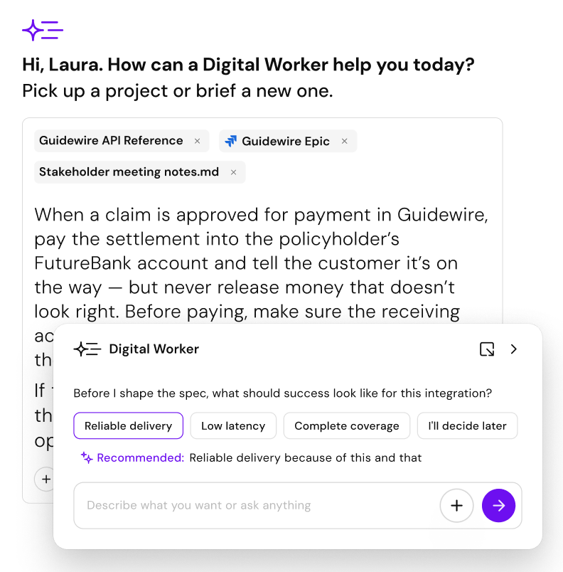 Visão do produto Digibee: definição do objetivo de um novo projeto de integração — a primeira etapa, em que um Digital Worker é criado e recebe um domínio de responsabilidade.