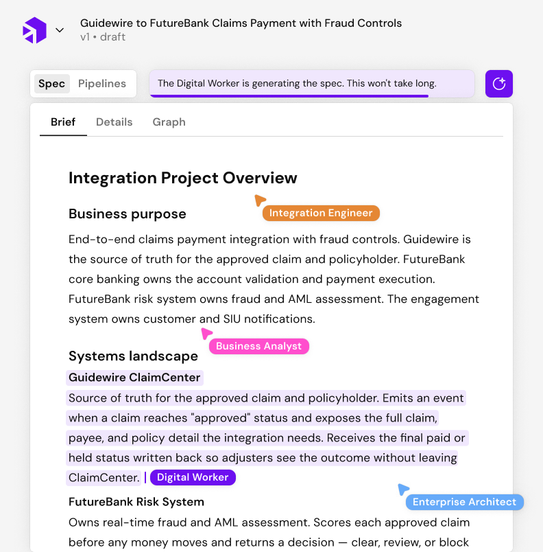 Visão do produto Digibee: a Especificação — um documento colaborativo em que pessoas e Digital Workers co-criam o design da integração.